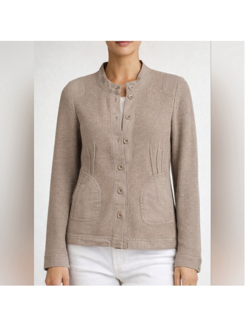 Oui Knit Utility Sweater Beige Button Front Textured Cotton Blend Size US 4